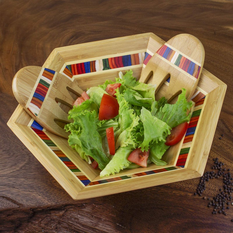 Totally Bamboo Baltique Marrakesh Collection 14" Salad Serving Bowl with Salad Hands, Bamboo and Colored Birch Wood - Image 3